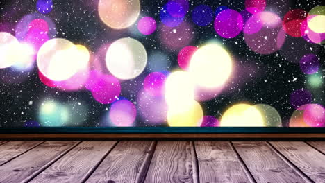 animación de luces navideñas parpadeando, nieve cayendo con superficie de madera