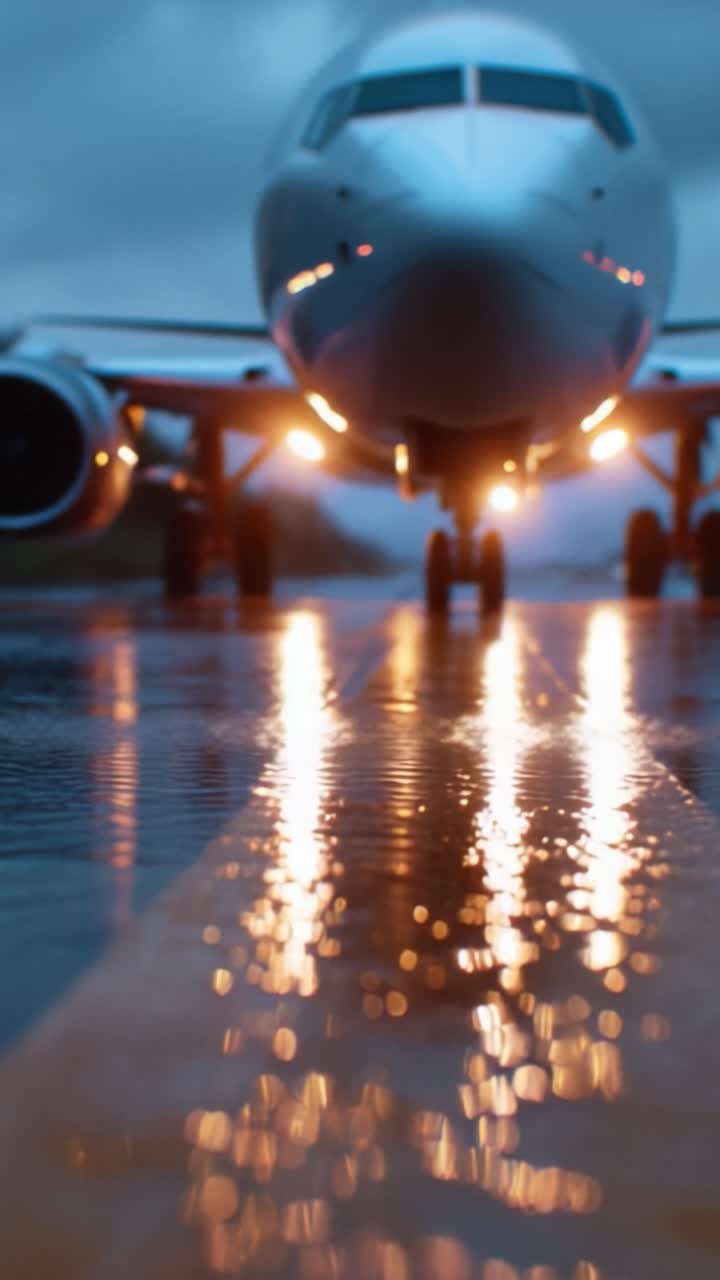 Un avión se prepara para el despegue bajo la lluvia, mostrando los vibrantes reflejos en la pista mojada, iluminado por las potentes luces de aterrizaje de la aeronave.