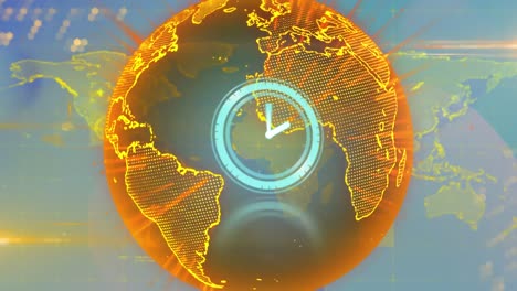 animation of scanner with clock face over glowing yellow global network and data, on blue