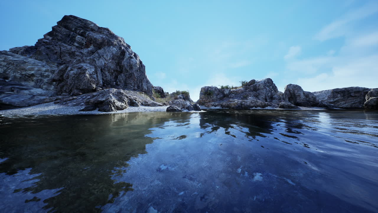 Rocky shoreline reflecting in tranquil water under a clear blue sky