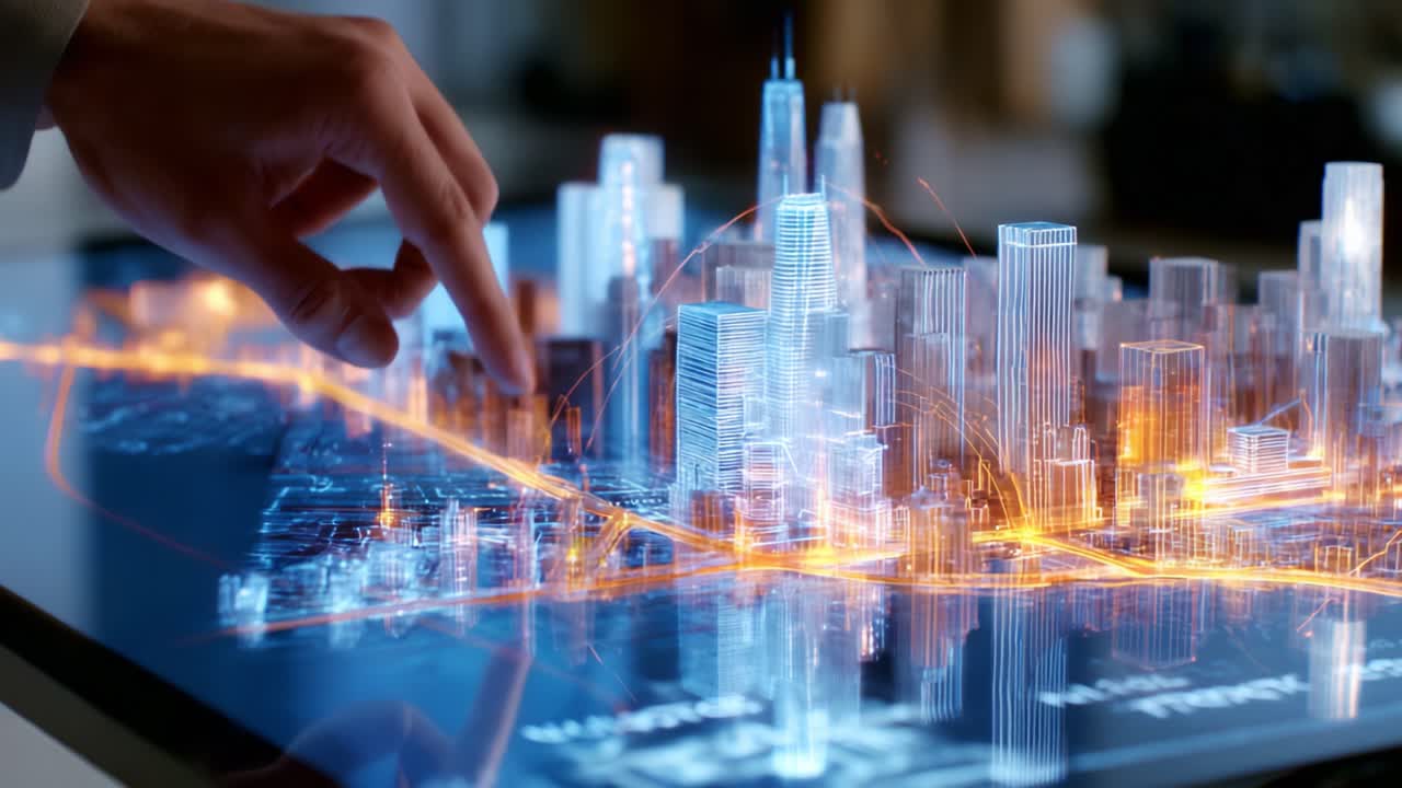 An Engaging Interaction with an Interactive City Model, Showcasing a Hand Manipulating 3D Structures and Light Effects on a Touchscreen Interface in a Modern Urban Environment