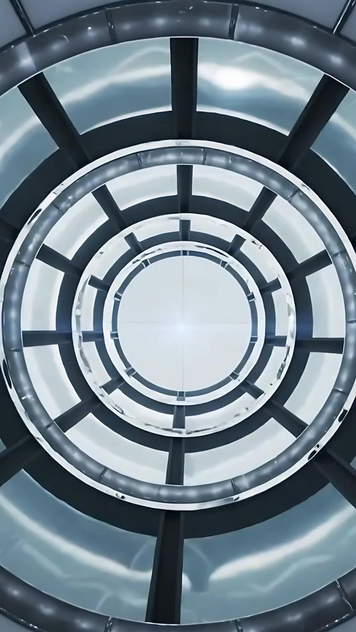 Video verticale: Luce centrale pulsante che muove anelli di portale verso l'interno in una camera, mostrando raggi radiali.