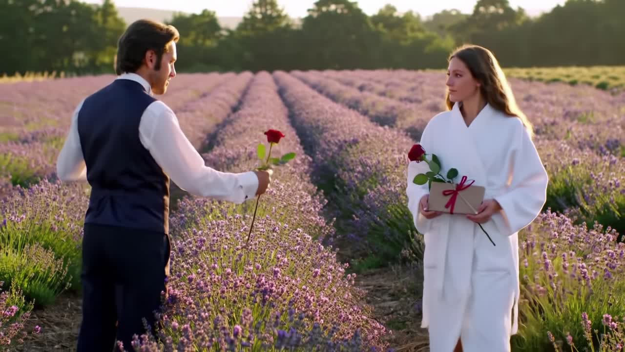 Romantic Encounter in a Lavender Field: A Couple's Heartfelt Exchange Surrounded by Vibrant Blooms and Natural Beauty
