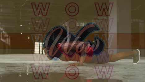 Digital-composition-of-wow-text-against-men-performing-one-handed-push-up-exercise