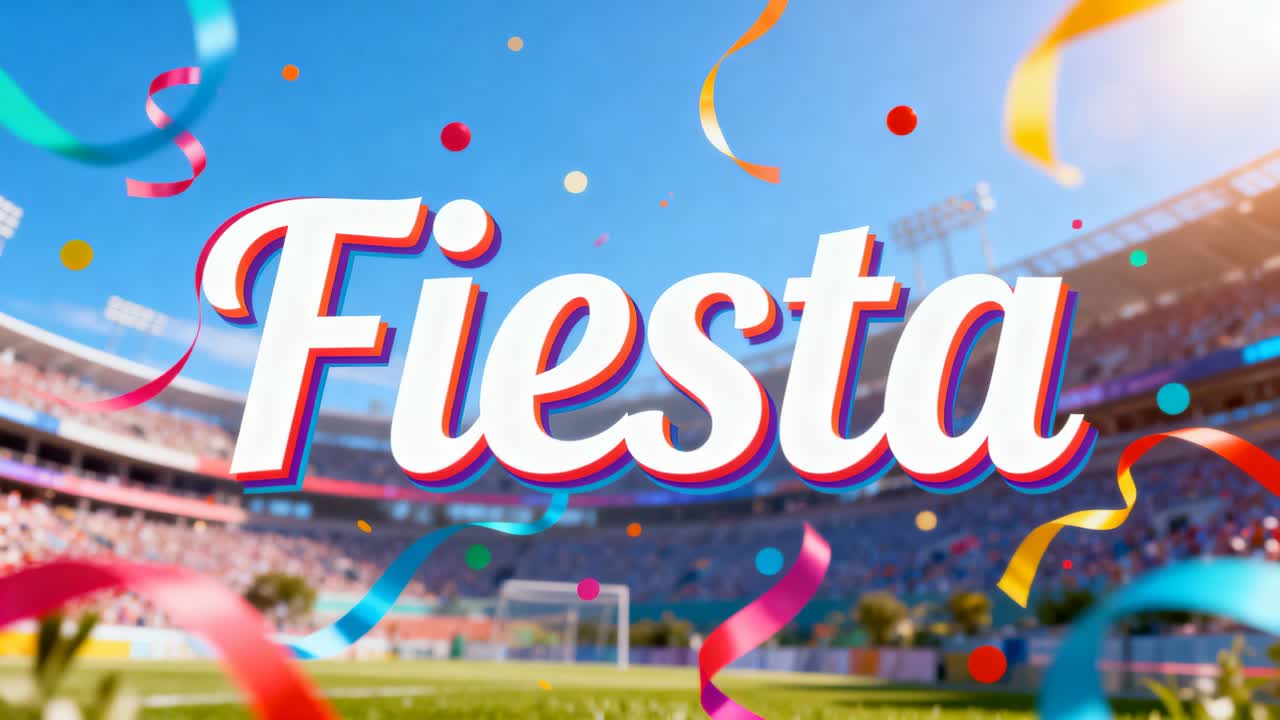 Svævende stort 3D Fiesta-logo fejrer på stadion, mens konfetti affyres, og serpentiner fejer