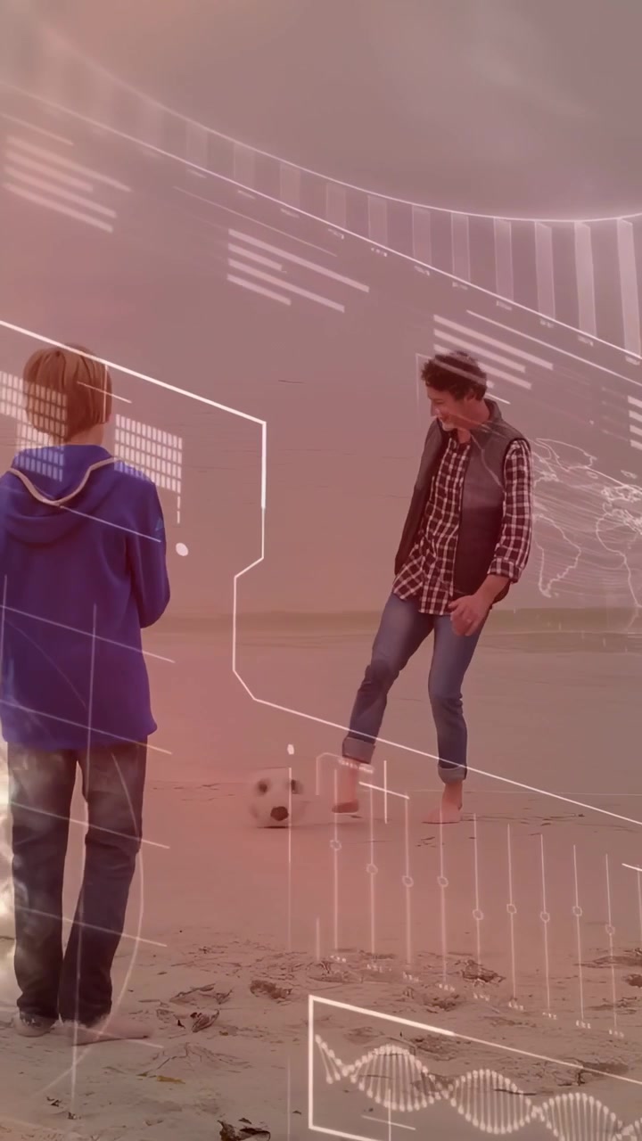 Vertical video: Teen male making kick to man on sand passing ball while tech HUD tracking motion
