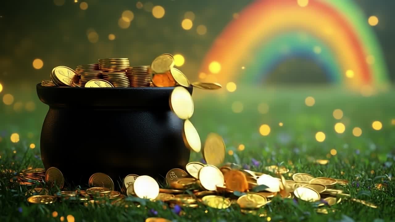 Coins spill from a pot by a rainbow. A pot of shiny gold coins sits on green grass, lit by soft lights and a vibrant rainbow in the background.