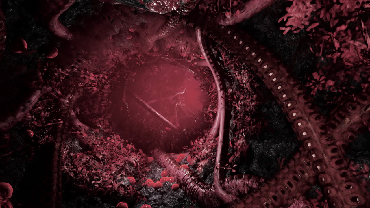 viaje a través de una cueva bioluminescente: una representación surrealista en 3d