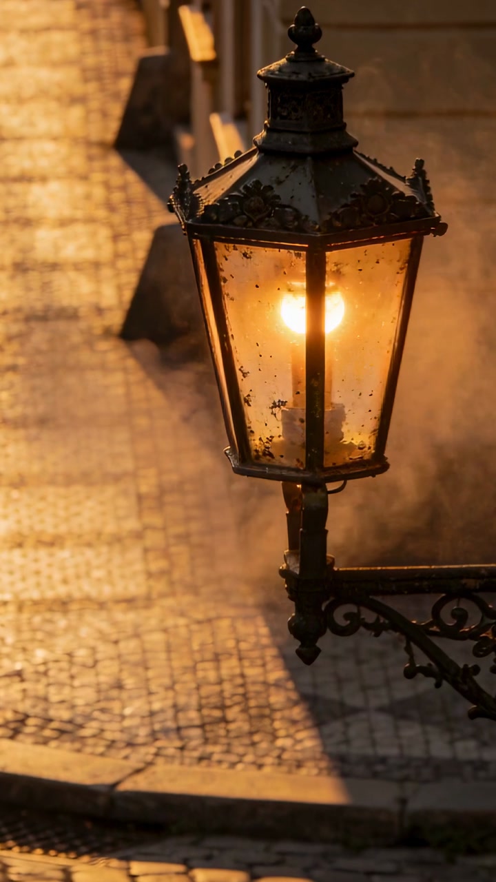 Vertical video: Glowing lamp casting warm light at dusk cool air causing vapor in alley, copy space