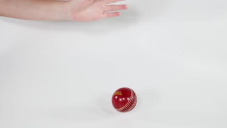 mano dejando caer una pelota de cricket roja