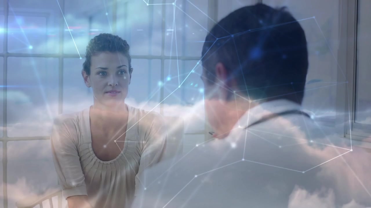 Animation of connections over caucasian female patient and male doctor talking