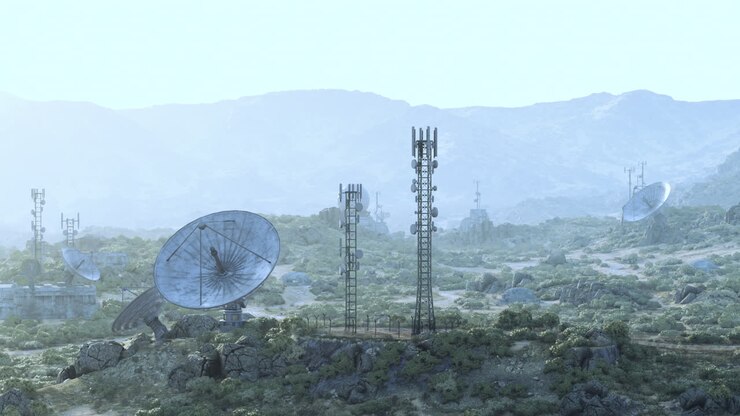 Antenne paraboliche futuristiche e torri di comunicazione in un paesaggio desertico