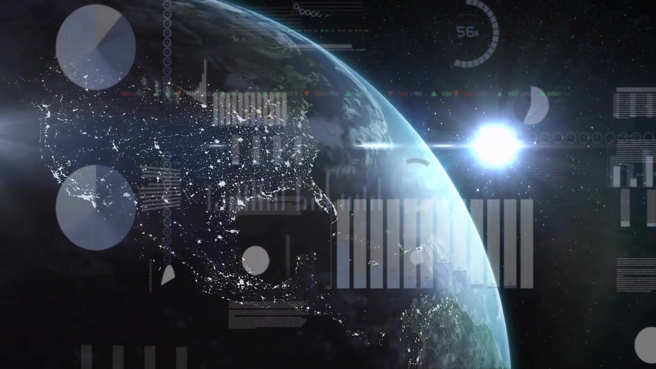 Sun glow cresting horizon sparking rotating Earth and drifting finance charts updating in space