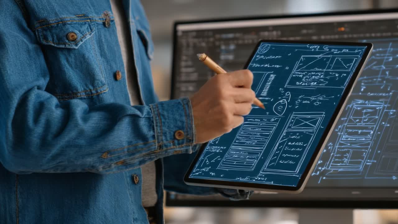 A Creative Professional Analyzing Digital Blueprints and Designs on a Tablet, Showcasing Technical Illustrations and Idea Development in a Modern Workspace