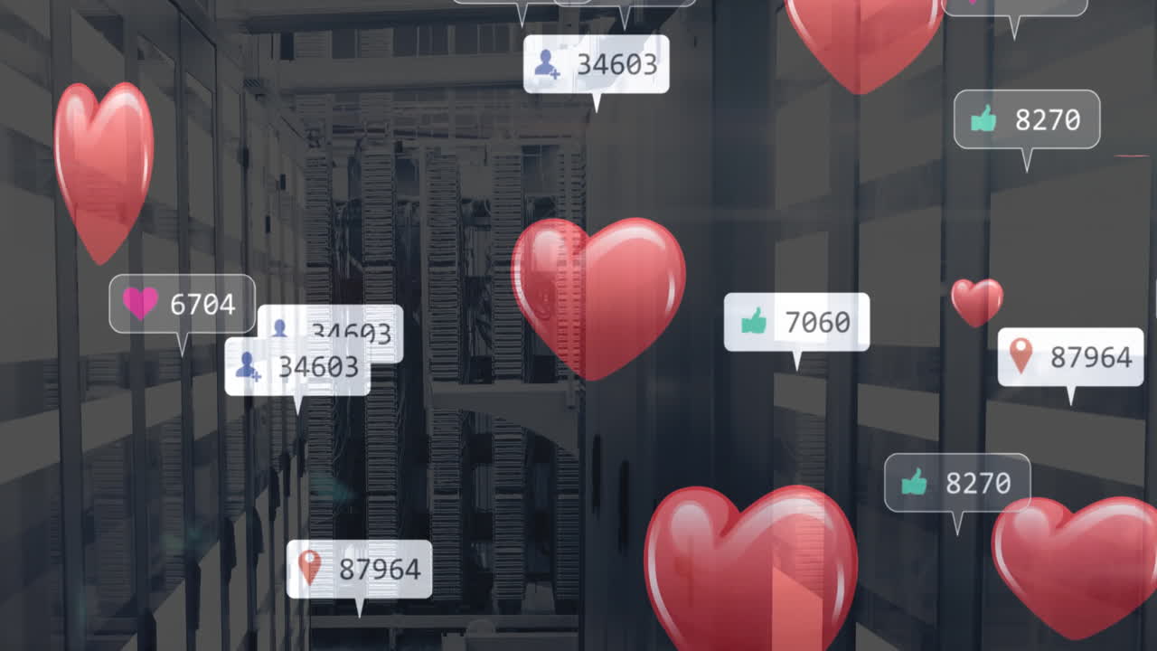 심장 아이콘의 애니메이션 및 컴퓨터 서버를 통해 소셜 미디어 데이터 처리