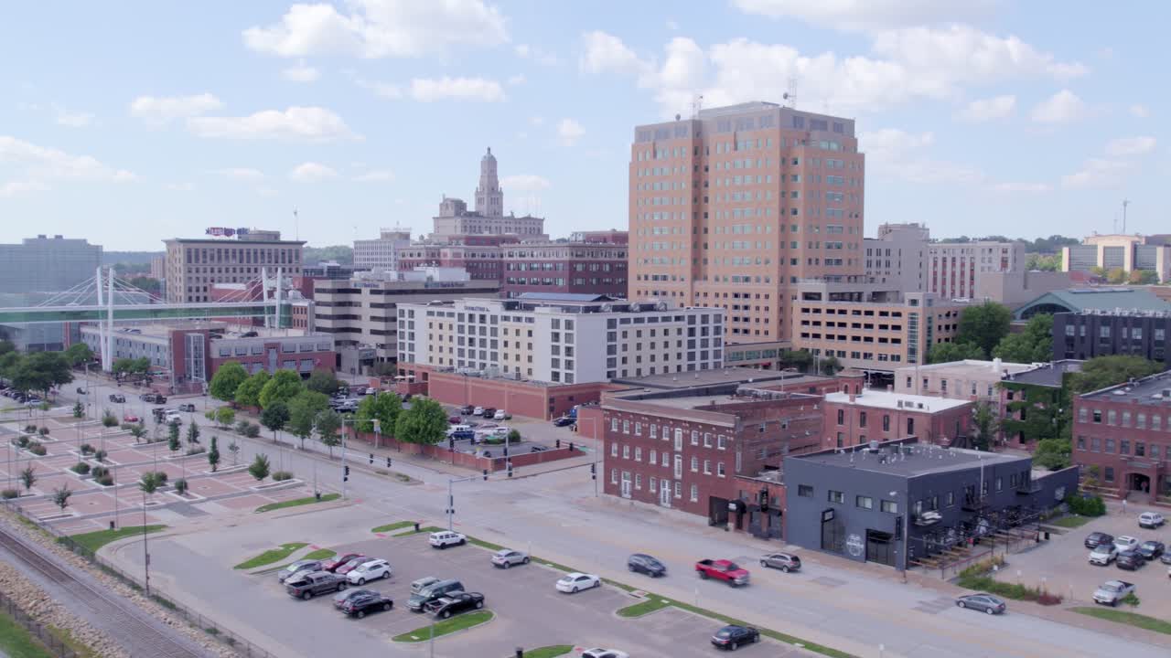 Capture the essence of Davenport's skyline with mesmerizing drone footage showcasing its impressive buildings.