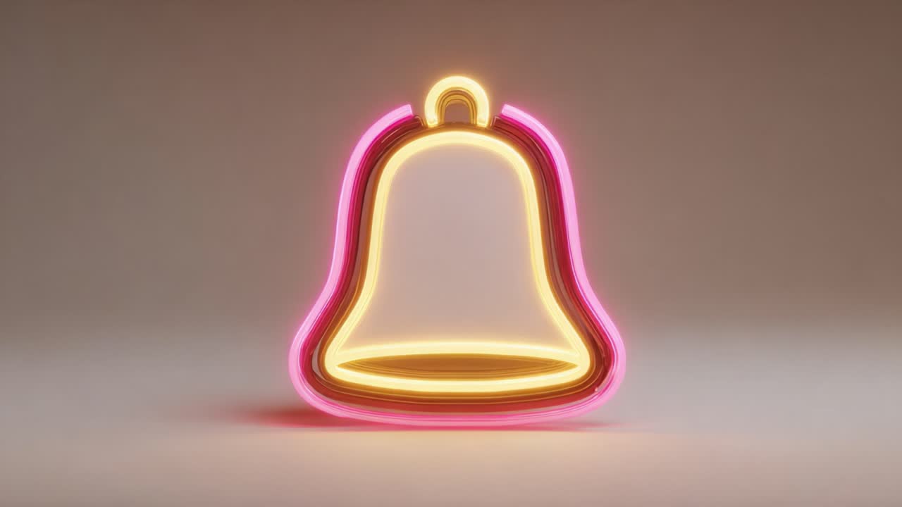 A vibrant and visually striking neon bell, glowing with bright yellow and pink colors, creates an enchanting visual effect against a soft, neutral background, ideal for capturing attention