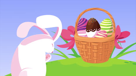 happy easter card with eggs painted in basket and rabbit