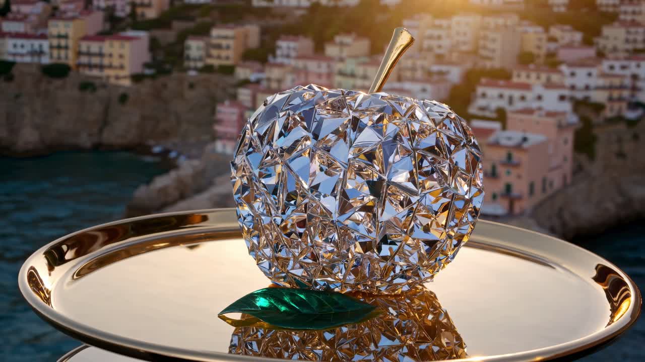 Faceted crystal apple sculpture with a golden stem resting on a reflective tray, accompanied by a green leaf, against a blurred sunset cityscape of Positano and the Amalfi Coast