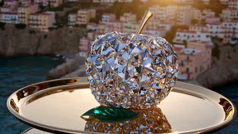 faceted crystal apple sculpture with a golden stem resting on a reflective tray, accompanied by a green leaf, against a blurred sunset cityscape of positano and the amalfi coast