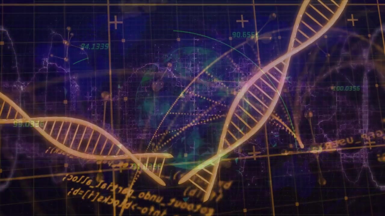 Teal glow forming behind golden DNA ribbons undulating, crossing over HUD grid, visualizing biodata