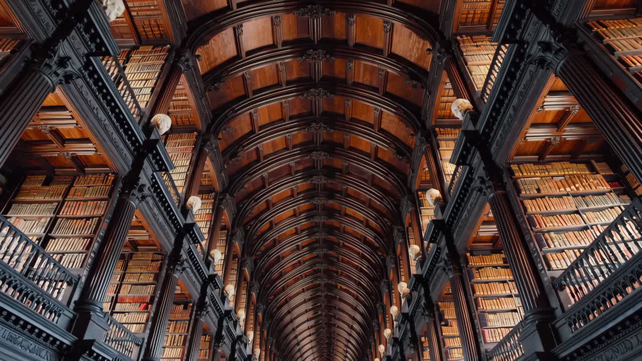 A grand, arched library hall with towering wooden bookshelves