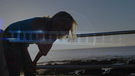 animación de cadena de adn sobre mujer con extremidad artificial descansando en la orilla del mar