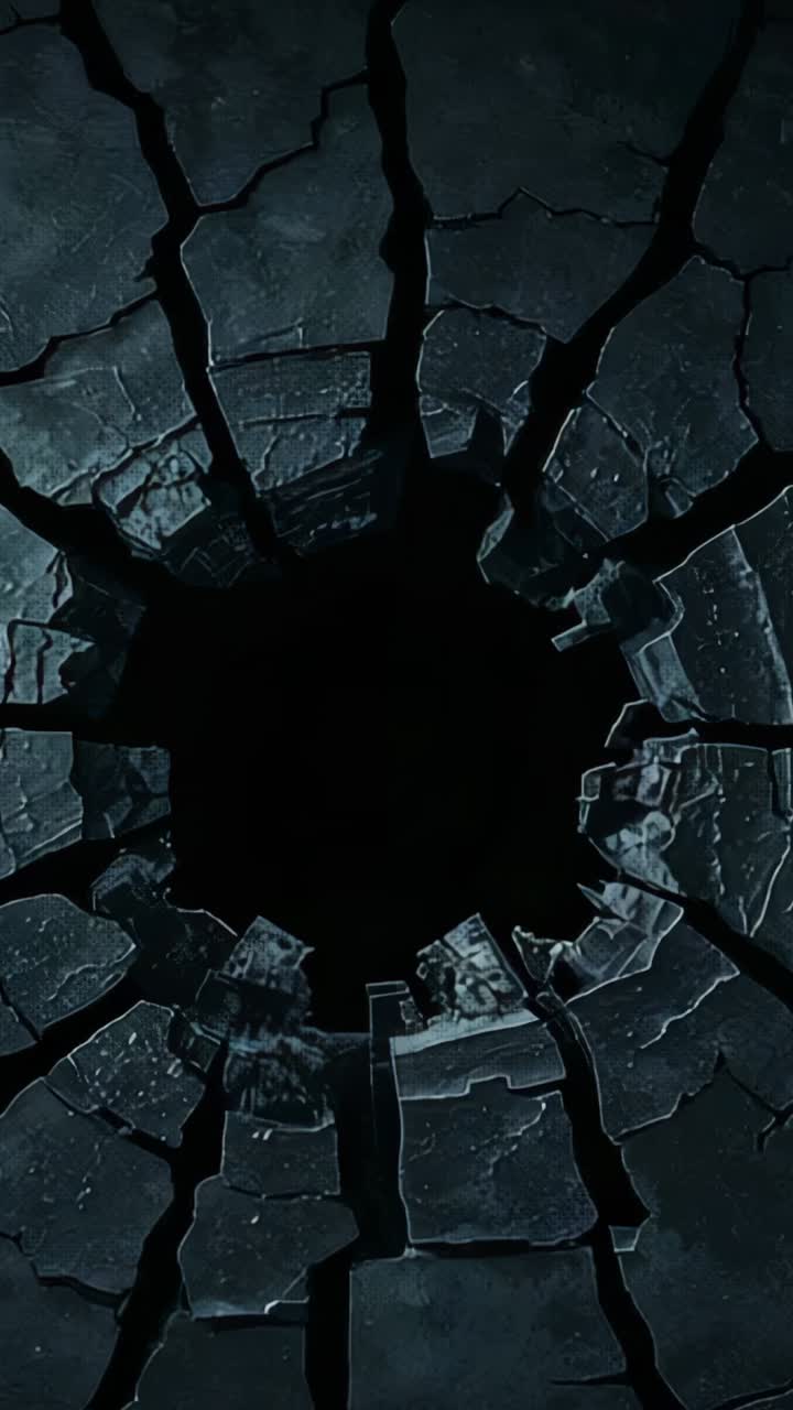 Vertical video: Seeping pale glow through cracked stone aperture in crypt revealing glowing core