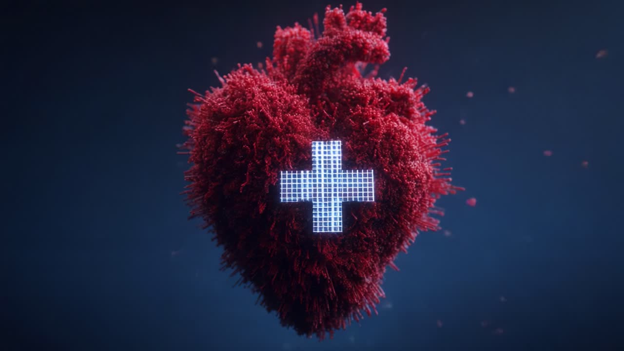 A visually striking representation of a heart made of vibrant red fibers, featuring a glowing cross symbol, embodying themes of health, care, and emotional connection in a dramatic setting