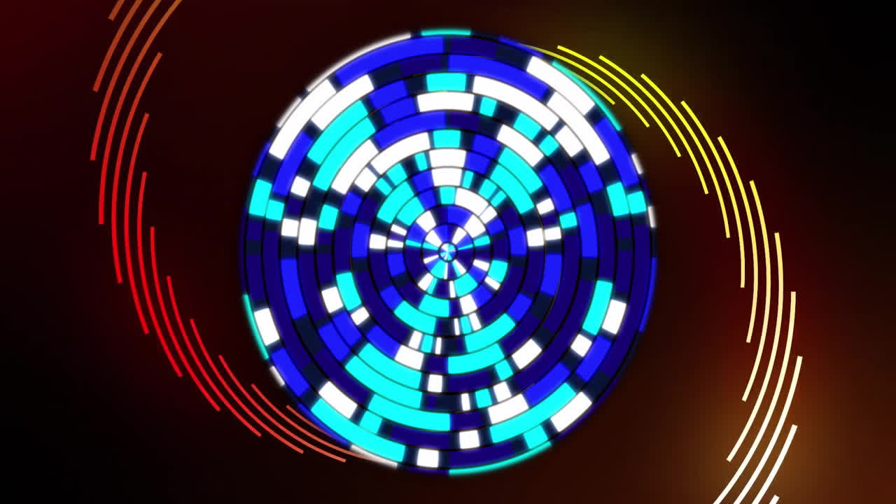 Flat design concentric circle pattern spinning over dark gradient backdrop with red and yellow arcs