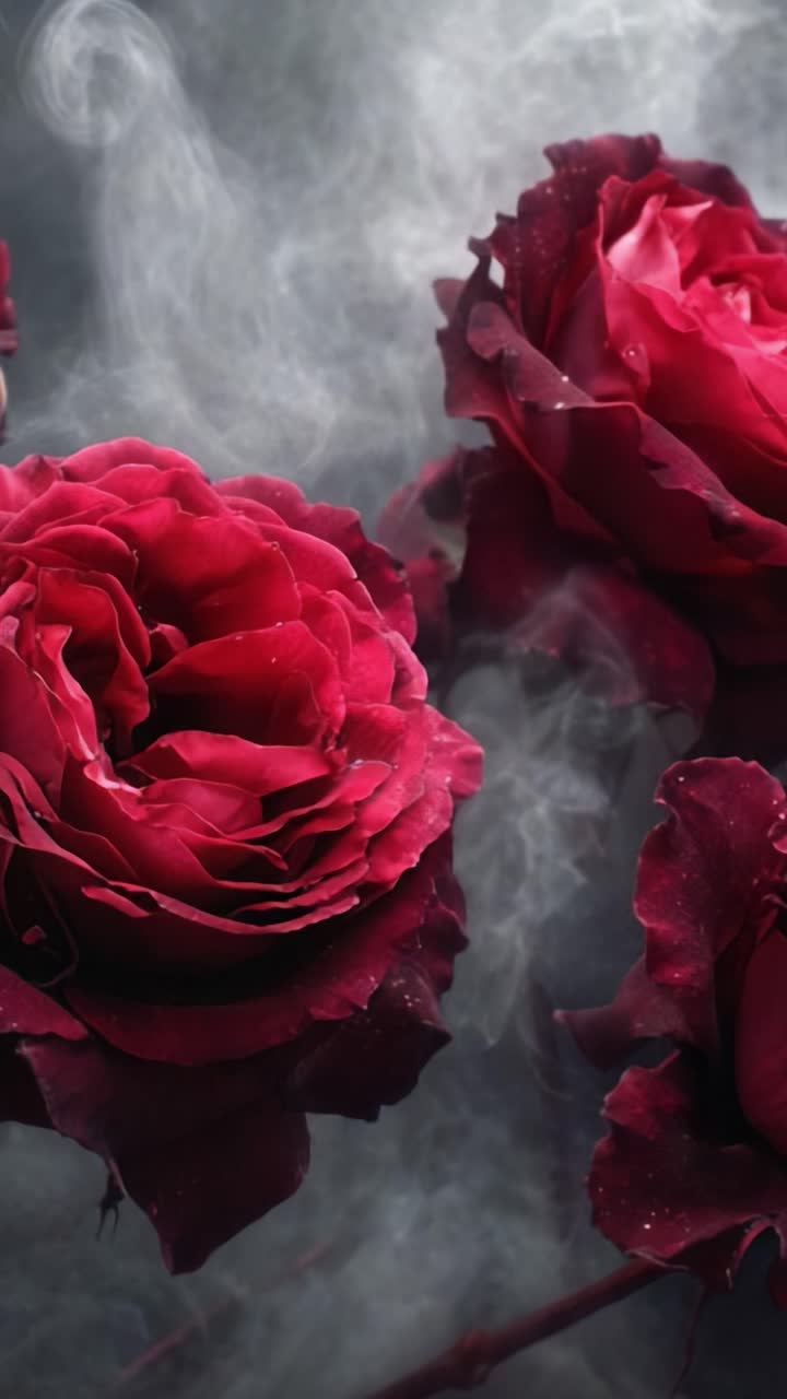 Uno spettacolo accattivante di rose scarlatte tra fumo etereo, che crea un'atmosfera incantevole in un'esperienza visiva unica e sorprendente.