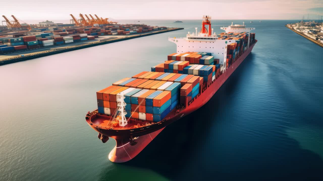 Aerial view of a cargo ship loaded with colorful containers navigating a canal
