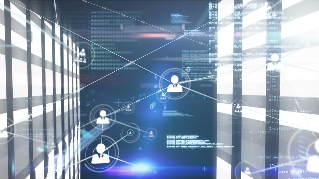 Animation of network of connections with icons over computer servers