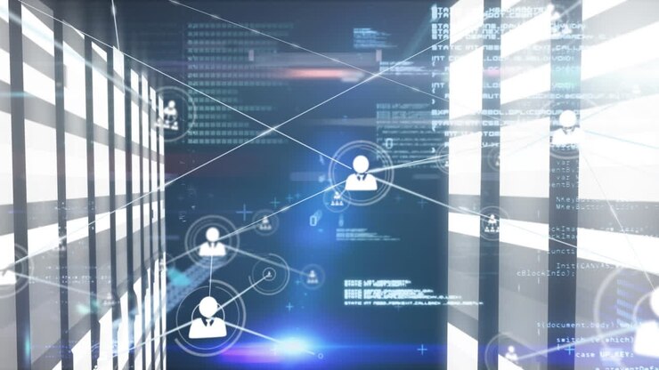 Animation of network of connections with icons over computer servers