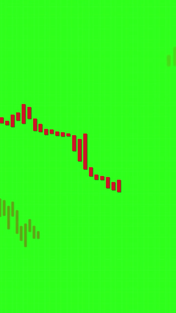 Red candlestick chart animates downward trend on vivid green background, vertical orientation, grid overlay