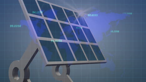 múltiples números cambiantes en el mapa del mundo contra el panel solar en la red de red