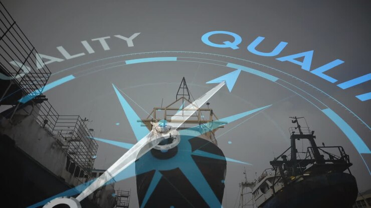 Compass pointing to quality animation over shipyard with docked ships