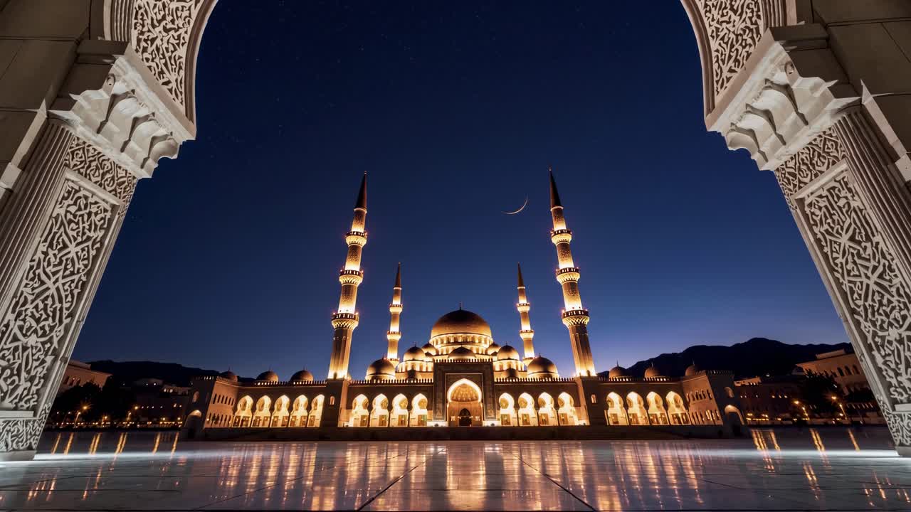 el arco adornado de la mezquita enmarca el edificio sagrado iluminado, la luna creciente que se refleja brillando en el suelo húmedo brillante durante el tranquilo crepúsculo de la noche