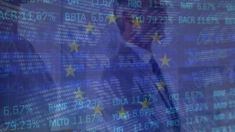 animation of flag of eu and stock market over diverse business people