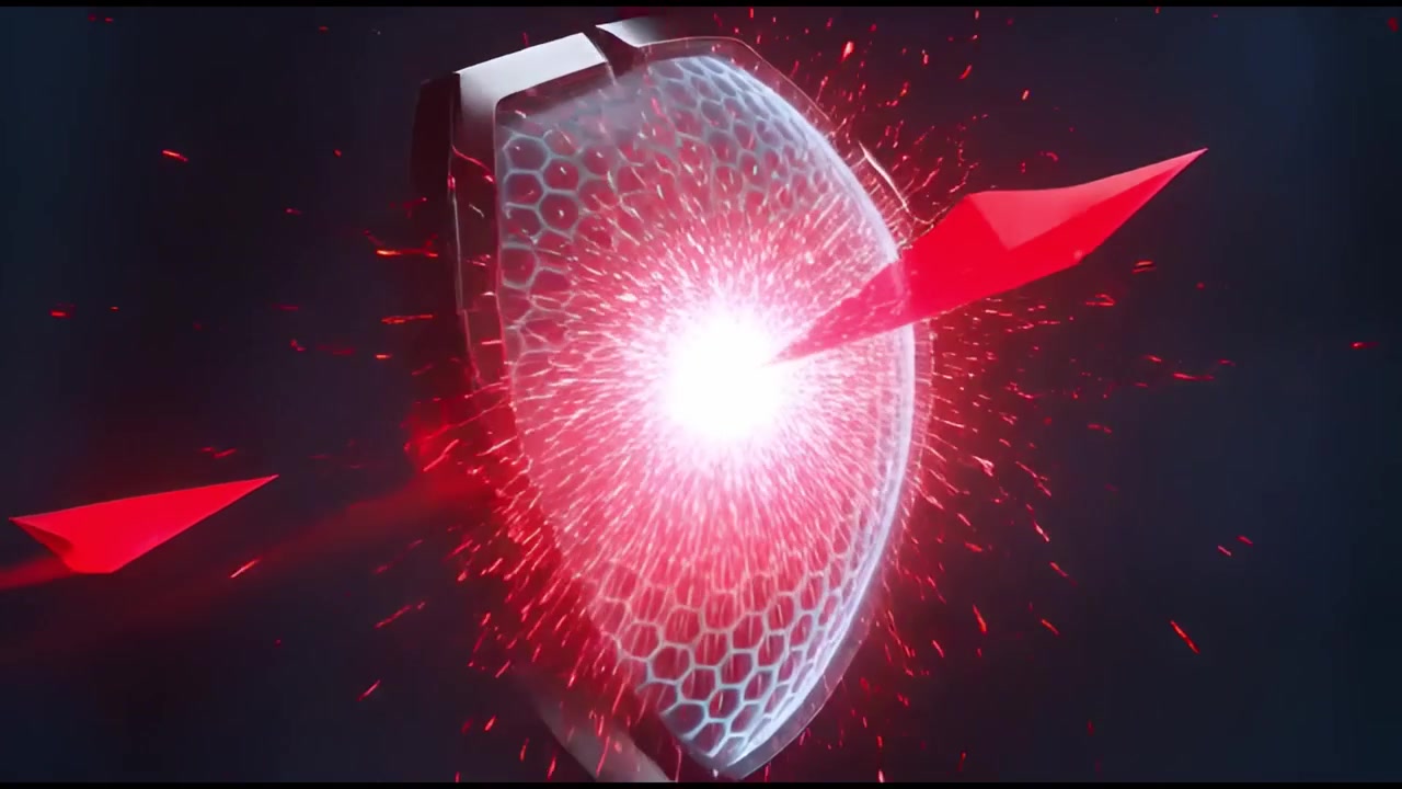 Futuristic Hexagonal Shield Deflecting Red Projectiles