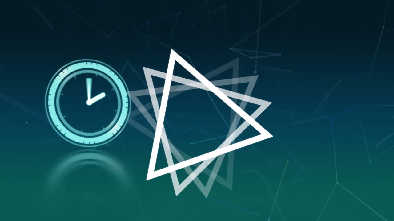 파란색 배경에 연결 네트워크를 통해 움직이는 시계와 삼각형의 애니메이션