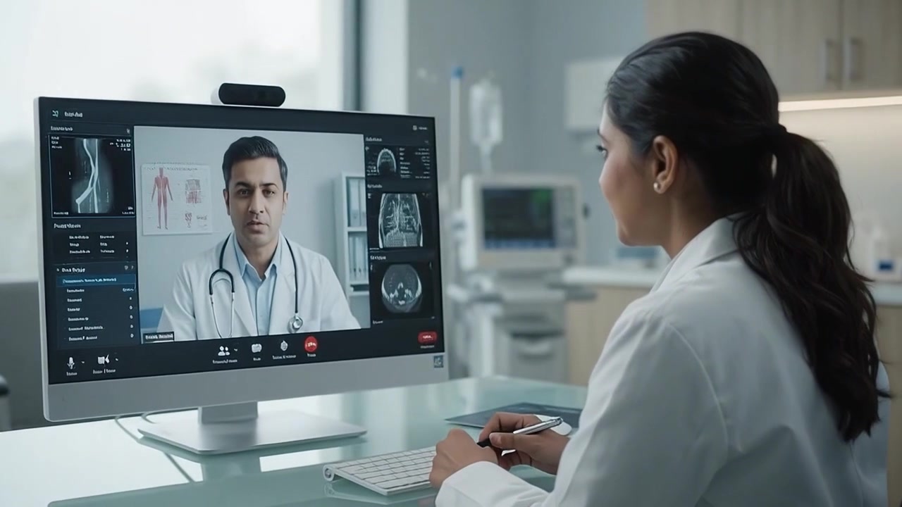 Doctora realizando una videoconsulta con un colega en un hospital