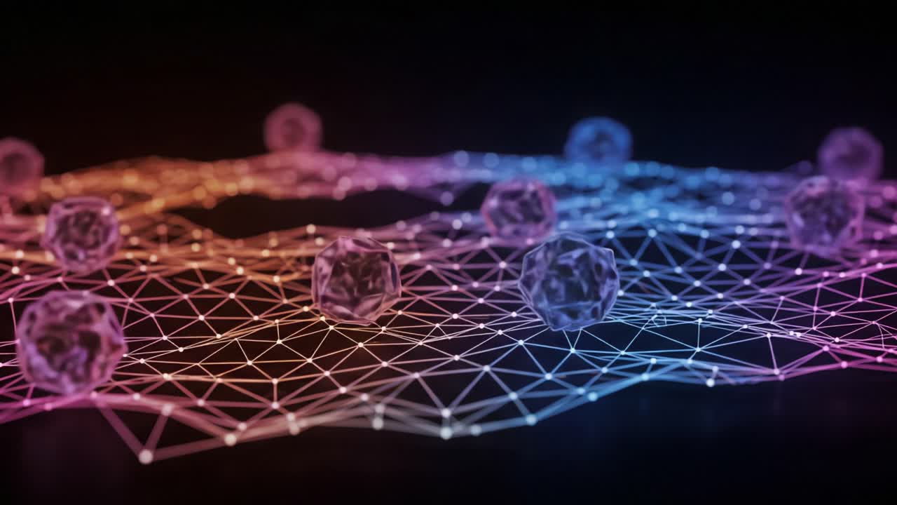 An Abstract Digital Landscape Featuring Geometric Structures and Luminous Spheres in a Colorful Network of Connections and Shimmering Lights