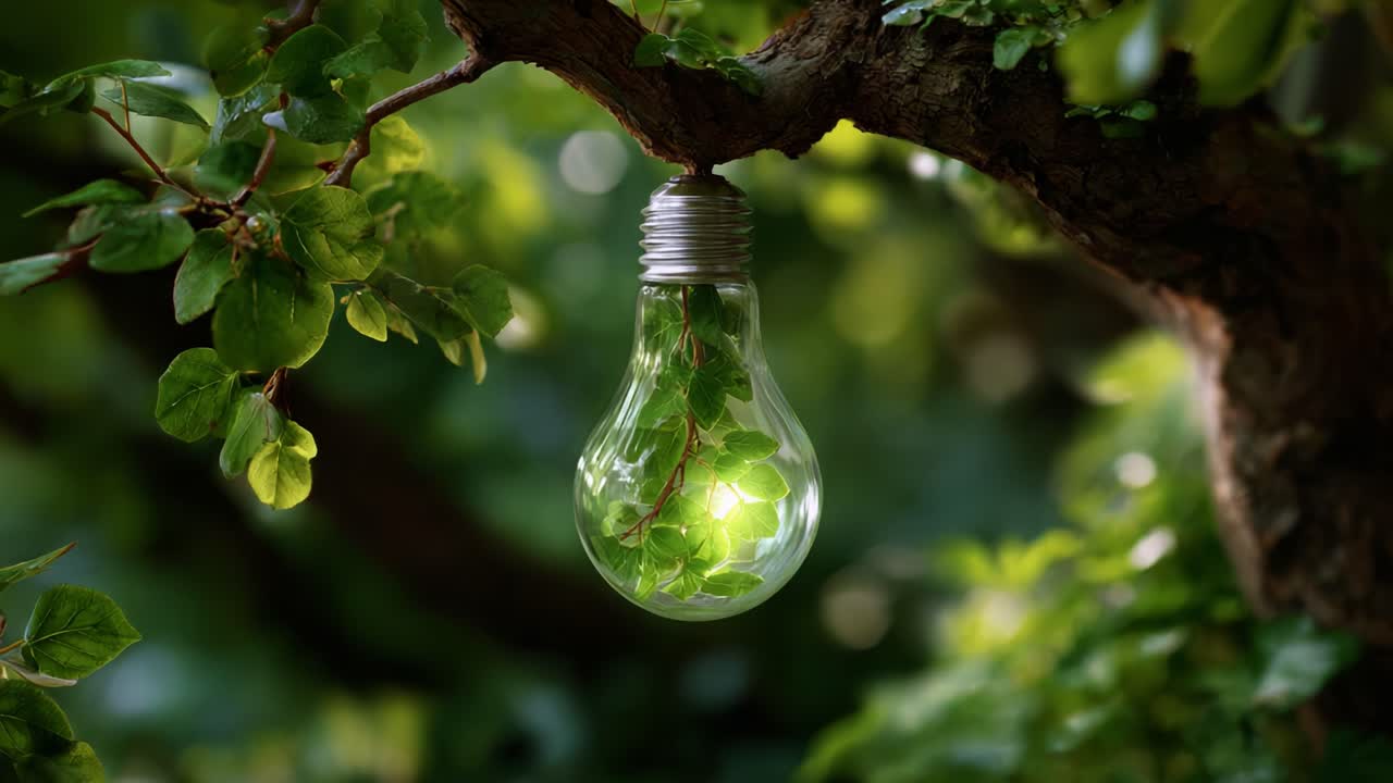 Una lampadina vivace piena di foglie verdi fresche, sospesa a un ramo di un albero, che unisce natura e innovazione in modo meraviglioso e armonioso