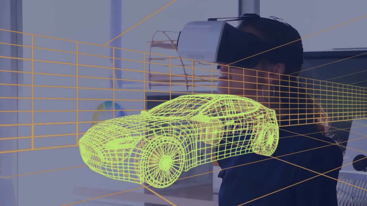 사무실에서 vr 헤드 ⁇ 을 착용한 여성에 대한 디지털 터널을 통한 3d 자동차 모델