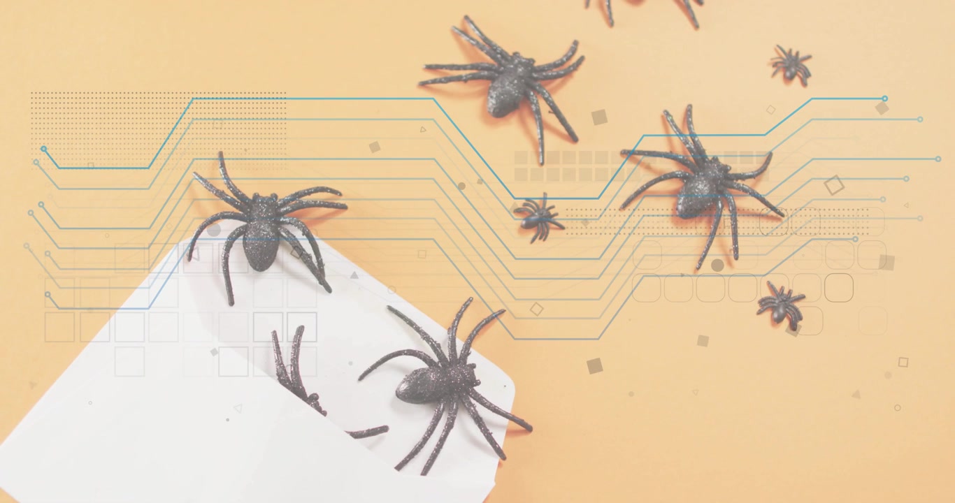 Au début, une enveloppe blanche déverse des araignées noires, tandis que des circuits et des carrés se forment pour visualiser le réseau.