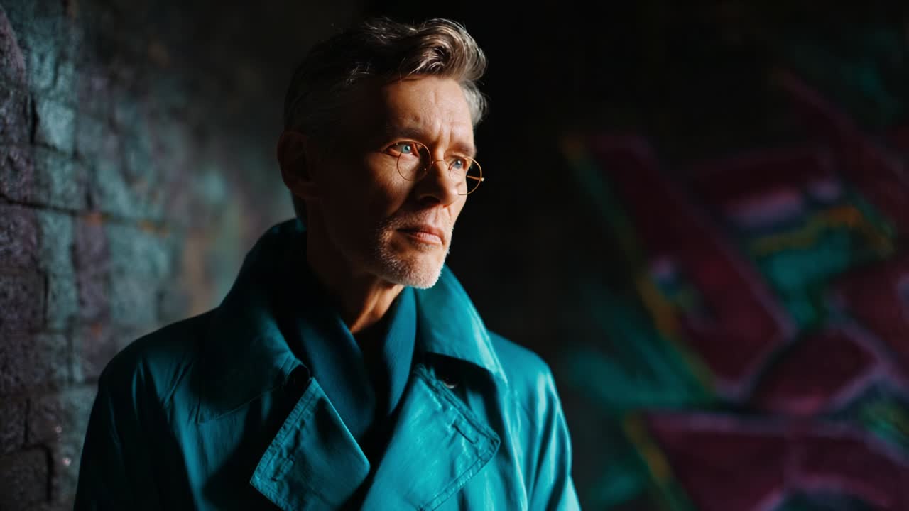 A Contemplative Portrait of a Contemporary Individual Dressed in a Turquoise Coat, Set Against a Colorful Urban Backdrop with Graffiti Patterns, Captured in Soft Natural Lighting that Highlights Their Expression