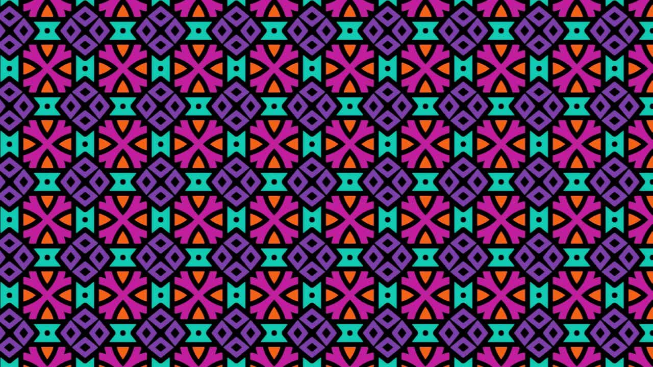 ilustración mosaico sin costuras de los gráficos de movimiento de animación de adornos geométricos que se desplazan hacia la derecha con flores rosas