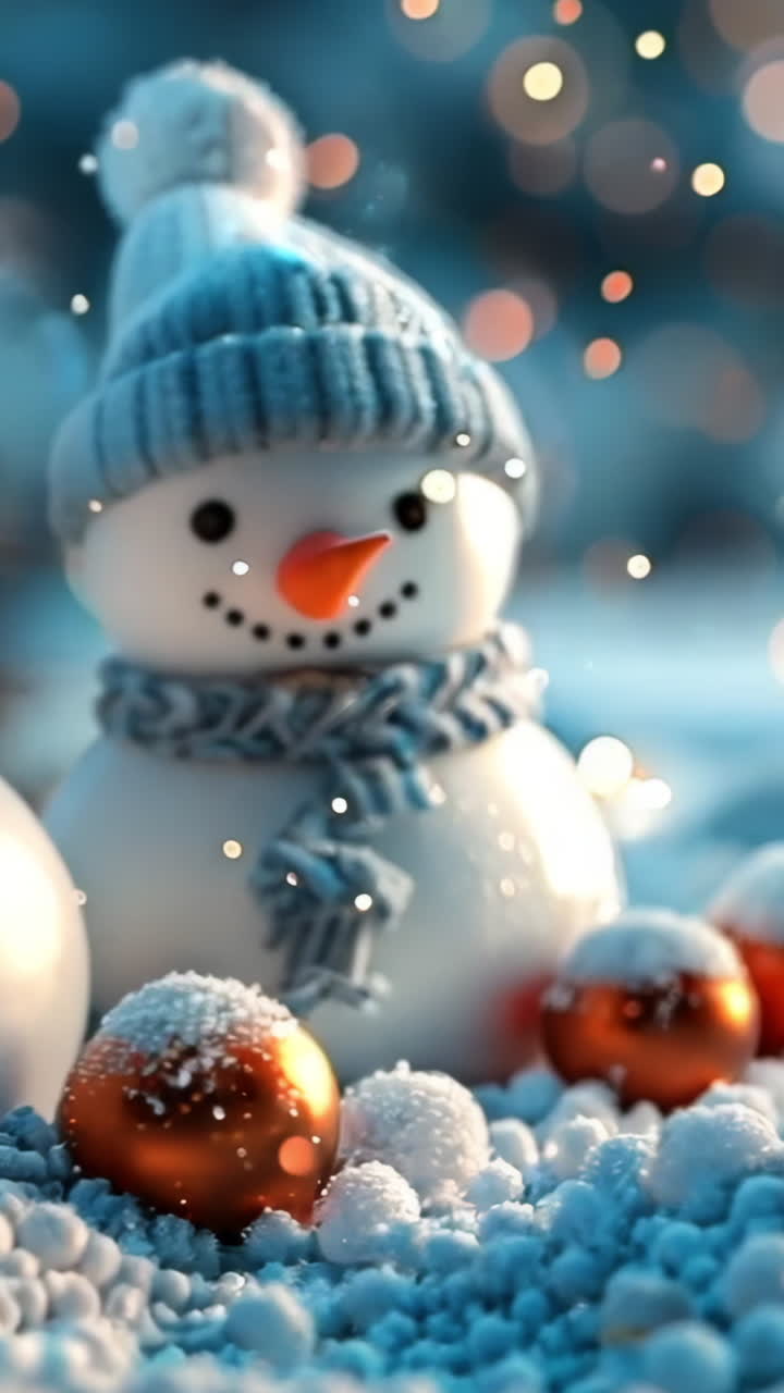 Three snowmen with hats and scarves are sitting on a snowy ground. The snowmen are surrounded by gold and silver balls, which add a festive touch to the scene