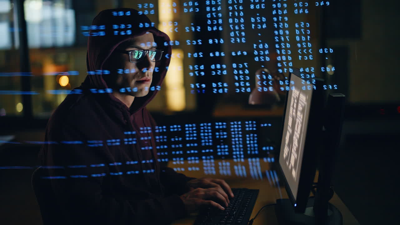 Hacker breaking computer system in data hologram closeup. Spy programer working